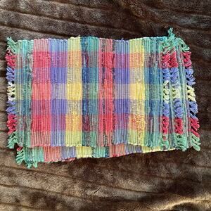Set of 4 Multicolor Plaid Fringed‎ Thick Woven Cotton Placemats IMMACULATE!